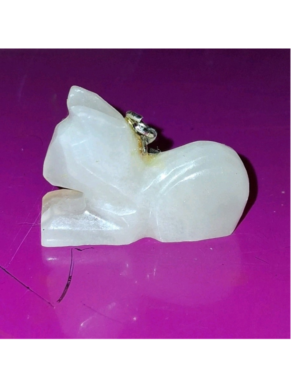 Stone Cat Pendant & Rabbit Figurine White Carving with Metal Loop, 1.5 Inch